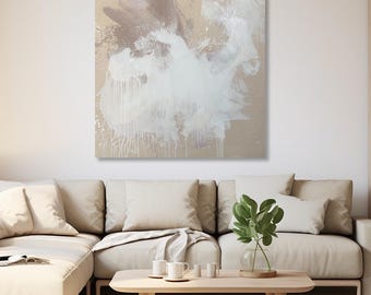 The Tides Are Turning Large Neutral Abstract Painting, Monochrome Original Art, Beige Minimal Expressive Artwork, 60x48 Inches