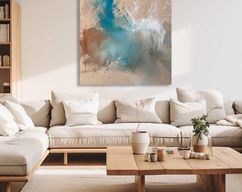 Neutral Large Abstract Painting, Monochrome Original Art, Beige Teal Minimal Expressive Artwork, 60x48 Inches