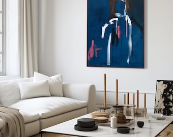 Modern Blue Contemporary Figurative Painting On Canvas. Original Artwork. 120x100cm Line Art