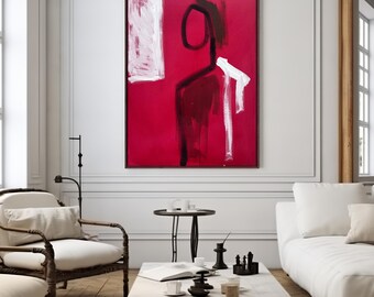 Modern Red Contemporary Figurative Painting On Canvas. Original Artwork. 120x90cm Line Art