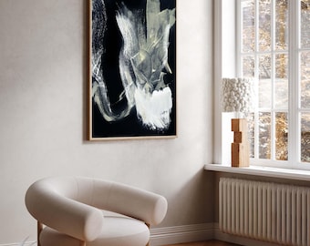 Modern Black Olive Green Abstract Original Painting On Canvas. Framed Expressive Artwork Handmade