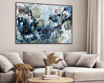Endless Dreams - Large Abstract Painting, Original Framed Acrylic on Canvas. Abstract Textured Artwork. Blue Horizontal Art 60 Inches
