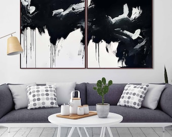 Large Black and White Abstract Diptych Painting, Acrylic Canvas Wall Art, Monochrome Set