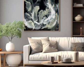 Modern Expressive Original Painting. Black Green Brushstorkes. Handmade Artwork. Olive Green
