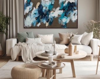 Large Abstract Oil Painting, Earthy Tones, Blue Painterly Modern Framed Wall Art (60x40 Inches)