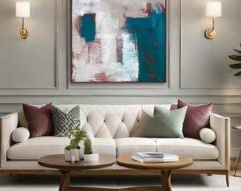 Original Abstract Acrylic Painting, Neutral Beige Teal Textured Canvas, Ready to Hang Home Decor