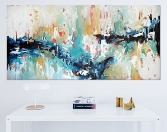Original Large Abstract Painting, Acrylic Painting on Canvas. Extra Large Painting - Wall Art, Modern Texture bright Yellow, Blue, White