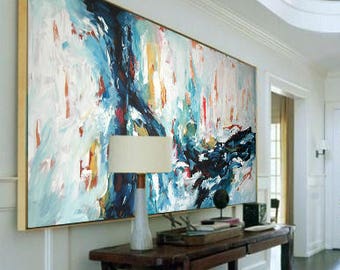 Original Large Abstract Painting, Acrylic Painting on Canvas. Extra Large Painting - Wall Art, Modern Texture Yellow, Blue, White, Grey