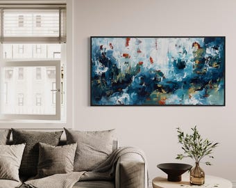 Large Abstract Seascape Painting, Textured Acrylic Canvas Art, Blue Horizontal Artwork