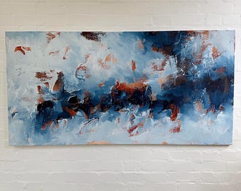 Echoing Waves - Blue Textured Original Abstract Landscape Painting, Blue Seascape Wall Art, Acrylic Canvas Artwork 60 Inches Horizontal