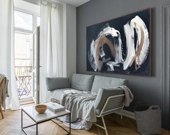 Large Abstract Painting, Brown White Black Canvas Art, Modern Handmade Home Decor
