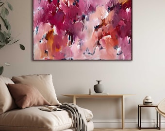 Large Red Abstract Painting, Textured Canvas Wall Art, Framed Acrylic Oil Home Decor Pink (120x90cm)