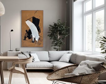 Large Modern Abstract Painting On Canvas. Contemporary Acrylic Artwork. Expressive Black, Orange, White Wall Art
