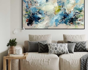 Extra Large Blue Abstract Oil Painting, Colourful Modern Canvas Art, 68x40 Inches Blue Expressionist Original Artwork.