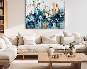Large Textured Original Abstract Painting. Fine Art. Blue White Canvas Oversized Artwork
