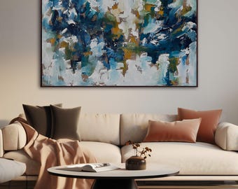 Textured Abstract Landscape Original Painting On Canvas, Blue Yellow Ochre White Horizontal Artwork