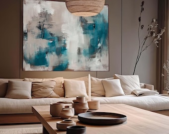 Large Beige Abstract Painting, Teal Acrylic Original Art On Canvas. Soft Painterly Artwork Handmade