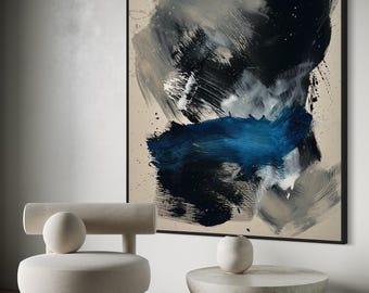 Oversized Oil Painting On Canvas. Modern Expressive Colourful Original Art. Blue Black Expressionist Artwork. Large Fine Art Masterpiece