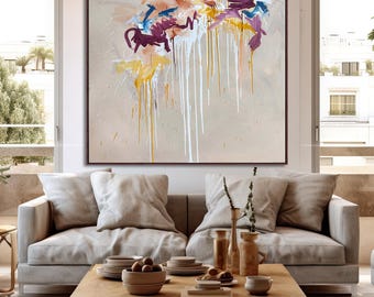 Large Abstract Oil Painting on Canvas, Modern Colourful Expressive Art (60x60 Inches) Yellow Beige Contemporary Artwork Made In London
