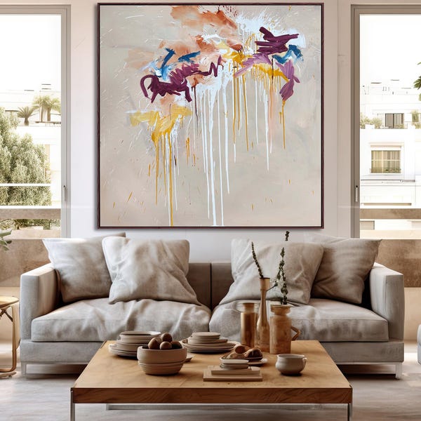 Large Abstract Oil Painting on Canvas, Framed Modern Colorful Art (60x60 Inches)