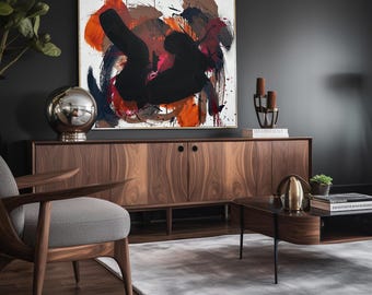 Modern Abstract Painting On Canvas. Original Black, Red Expressive Artwork. 48 x 40 inches. Unique Wall Art. Ready To Ship. Made In London