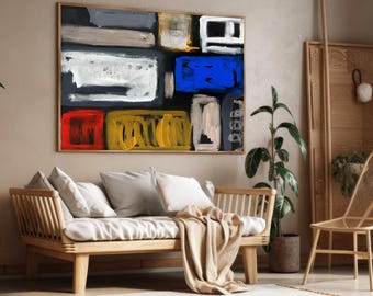 Large Colourful Geometric Abstract Painting On Canvas. Original Artwork Boho Modern Art Yellow, Grey, Blue