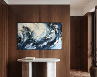 Original Abstract Seascape Painting, Acrylic on Canvas, Blue Ocean Waves Art