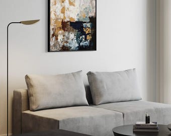 Original Textured Abstract Painting, Acrylic Oil on Canvas, Yellow Blue White Brown Art