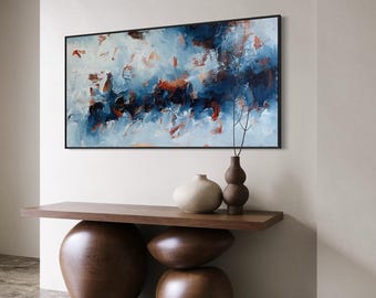 Original Blue Abstract Wall Art, Large Blue Seascape Painting On Canvas, Navy Blue, White, Red Accents Living Room Decor, Modern, Minimalist