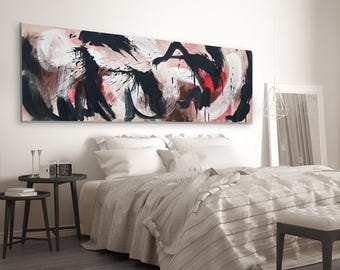 Long Original Abstract Painting. Large Artwork For Living Room. Modern Expressive Wall Art. Wide Brown Black Red