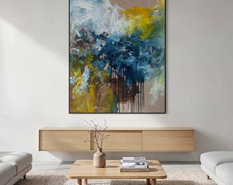 Original Abstract Painting: Blue, White, Yellow Ochre Textured Canvas, Ready to Hang Artwork