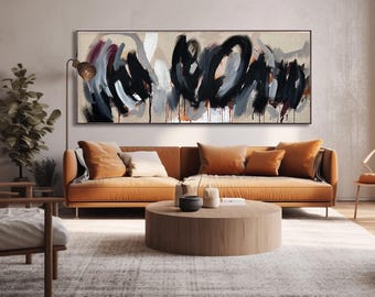 Extra Wide Abstract Painting, Expressive Modern Artwork, Large Black Beige Expressionist Wall Art