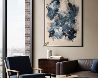 Large Abstract Painting, Monochrome Acrylic Oil Canvas, Beige Background, 60x48 Inches