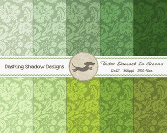 Digital Printable Scrapbook Craft Paper - Tudor Damask in Green Shades - Lime Green Emerald Pastel Green - 12 x 12" - PU/CU Commercial Use