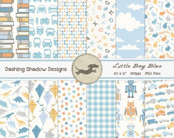 Digital Printable Scrapbook Craft Paper - A4 - Little Boy Blue - Kids Baby Dinosaurs Robots Kites Nursery Pastel - PU/CU Commercial Use