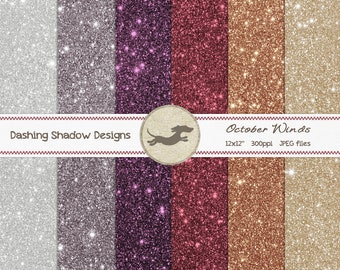 Digital Printable Scrapbook Craft Paper - October Winds Glitter Papers - Glitter Metallic Plum Red Grey Brown Silver - 12 x 12" - PU/CU