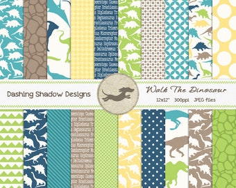 Digital Printable Scrapbook Craft Paper - Walk The Dinosaur - Dinosaurs Boys Kids Blue Green Brown Yellow - 12 x 12" - PU/CU Commercial Use