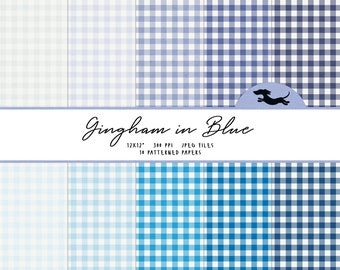 Blue gingham digital paper, Scrapbook paper, Gingham pattern, Printable scrapbook paper, Blue plaid background, Printable gingham paper