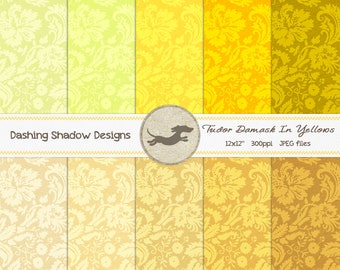 Digital Printable Scrapbook Craft Paper - Tudor Damask in Yellow Shades - Gold Orange Pastel Yellow - 12 x 12" - PU/CU Commercial Use