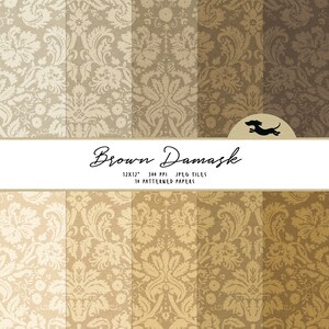 Papel digital damasco, papel para scrapbook, padrão de damasco marrom, papel para scrapbook para impressão, fundo neutro damasco, papel damasco para impressão