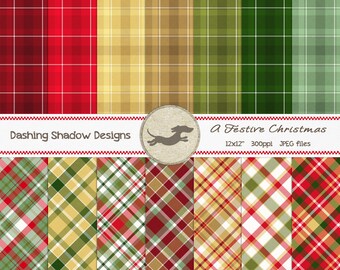 Digital Printable Scrapbook Craft Paper - A Festive Christmas - Tartan Edition - Red Green Gold Xmas Plaid - 12x12" - PU/CU Commercial Use