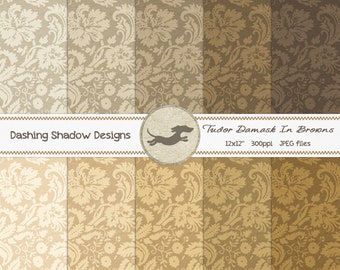 Digital Printable Scrapbook Craft Paper - Tudor Damask in Brown Shades - Cream Beige Tan Dark Brown Bronze - 12 x 12" - PU/CU Commercial Use