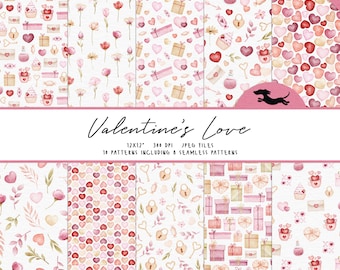 Valentine's day digital paper, Watercolor scrapbook paper, Wedding pattern, Printable scrapbook paper, Floral watercolor background