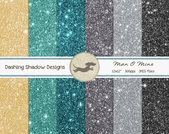 Digital Printable Scrapbook Craft Paper - Man O Mine Glitter Papers - Glitter Metallic Black Teal Gold Silver Sparkle - 12 x 12" - PU/CU