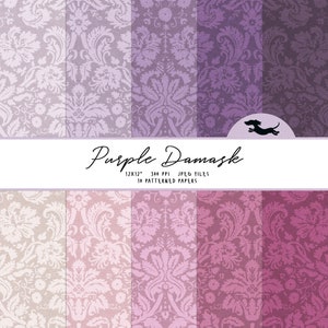 Purple damask digital paper, Scrapbook paper, Damask pattern, Printable scrapbook paper, Purple damask background, Printable damask paper