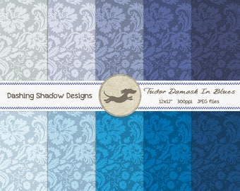 Digital Printable Scrapbook Craft Paper - Tudor Damask in Blue Shades - Royal Blue Navy Blue Pastel Blue - 12 x 12" - PU/CU Commercial Use