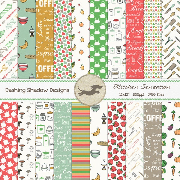 Digital Printable Scrapbook Craft Paper - Kitchen Sensation - Food Kitchen Cooking Baking Fruit Vegetables - 12 x 12" - PU/CU Commercial Use