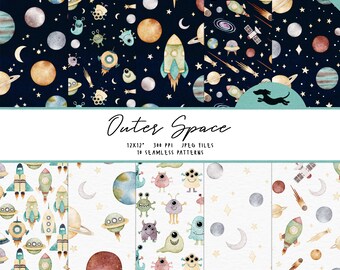 Outer space digital paper, Watercolor scrapbook paper, Galaxy pattern, Printable scrapbook paper, Watercolor background, Printable paper