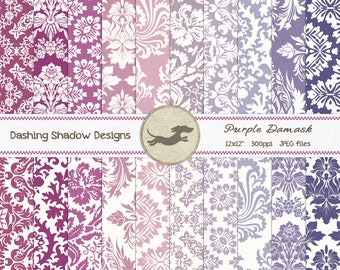 Digital Printable Scrapbook Craft Paper - Purple Damask - Lavender Violet Lilac Damask Lace Vintage - 12 x 12" - PU/CU Commercial Use