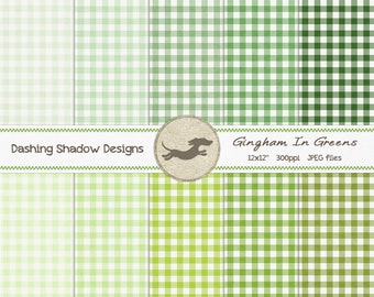 Digital Printable Scrapbook Craft Paper - Gingham in Green Shades - Plaid Tartan Lime Emerald Pastel Green - 12 x 12" - PU/CU Commercial Use